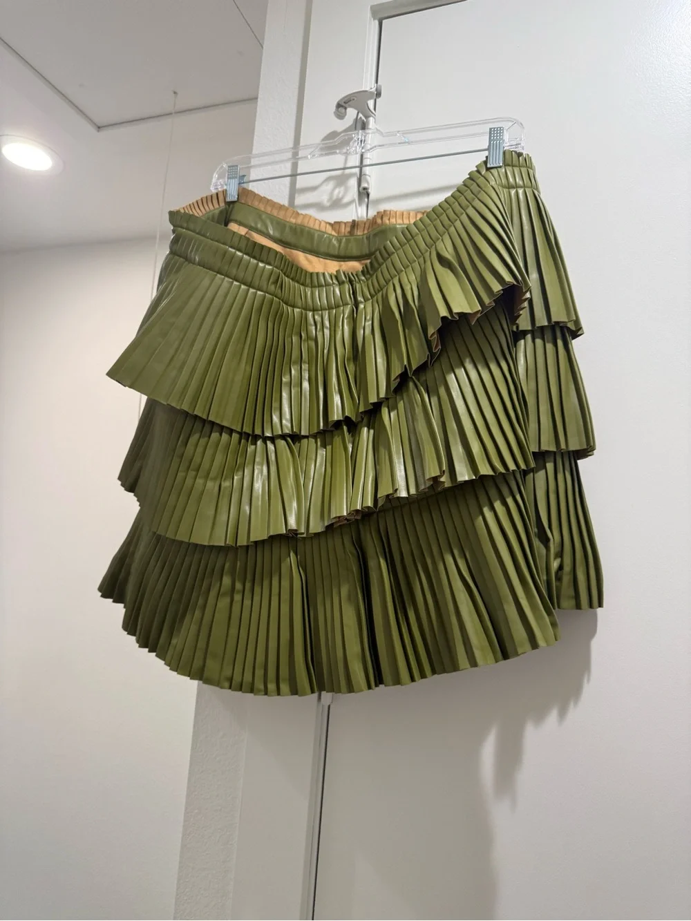 Anthropologie Olive Green Tiered Pleated Vegan Leather Mini Skirt - Picture 3 of 4